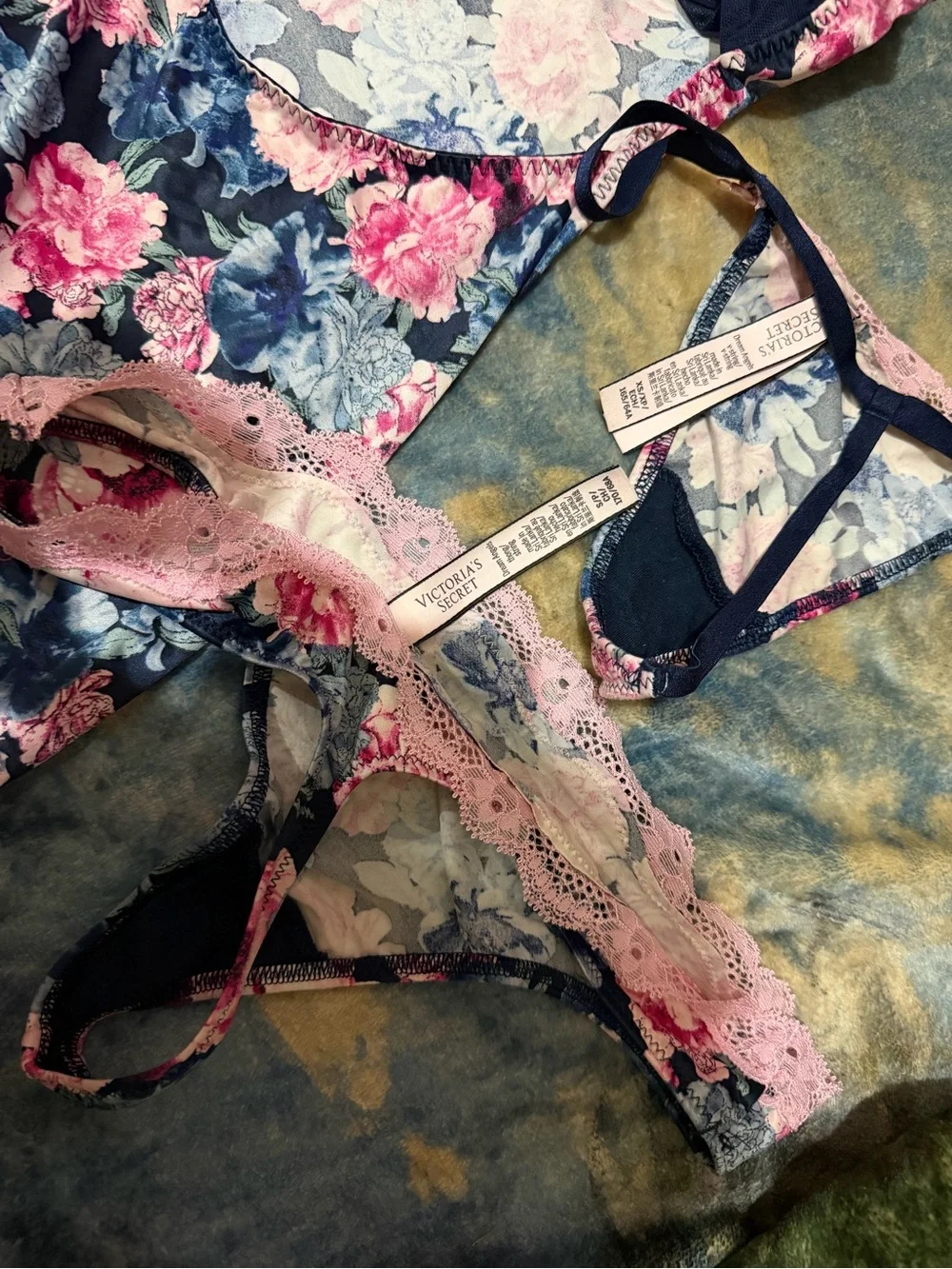 Victoria secret second skin Floral Lace Chemise with Garter Straps - Navy & Pink